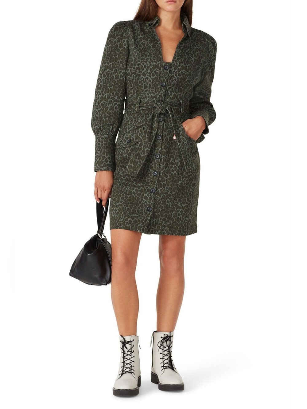 Marissa Webb green Leopard Print Belted Shirt Dress denim size 10